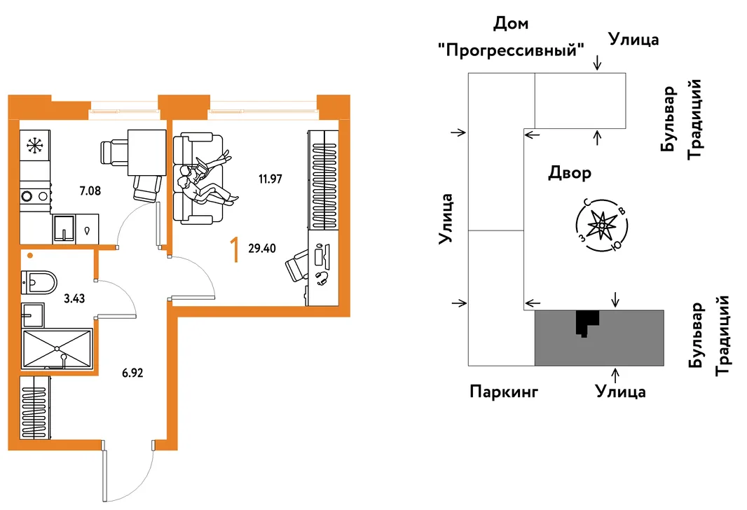 Планировка 1-комн. квартира, 29.4 м² ЖК «Микрорайон Домашний»