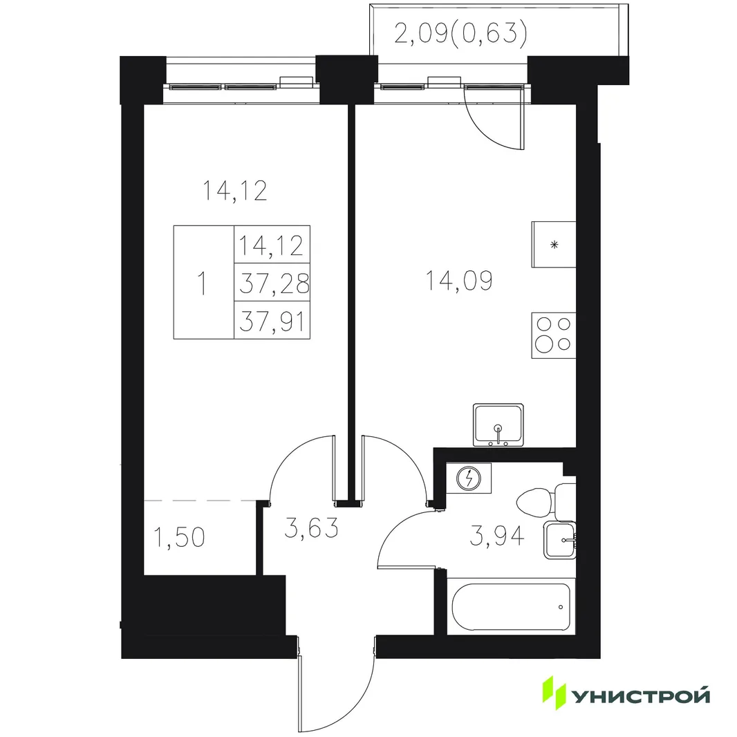 Планировка 1-комн. квартира, 37.91 м² ЖК «Statum»