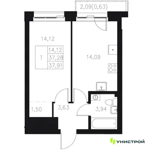 Планировка 1-комн. квартира, 37.91 м² ЖК «Statum»