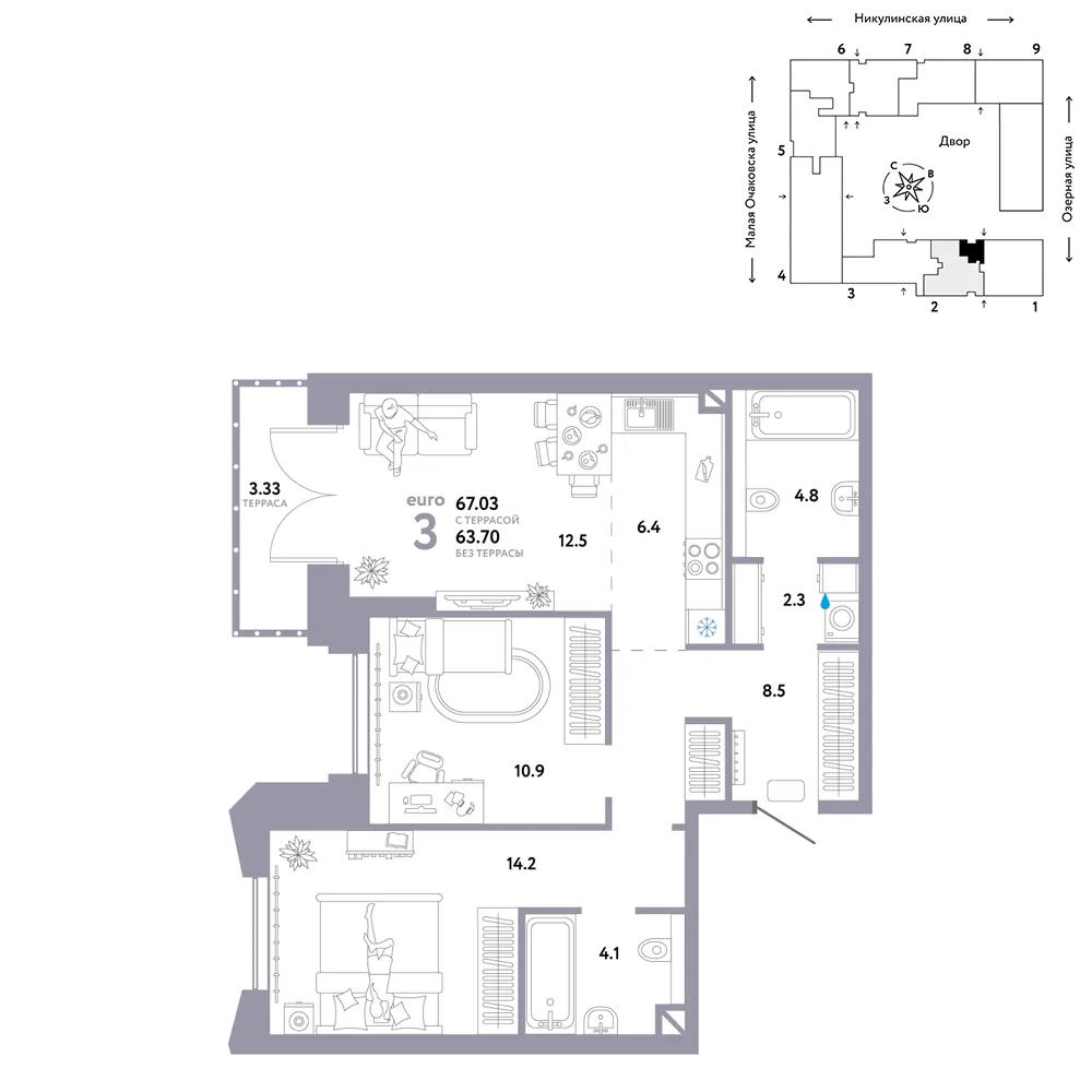 Планировка 3-комн. квартира, 67.03 м² ЖК «Страна.Озёрная»