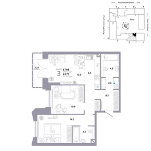 Планировка 3-комн. квартира, 67.03 м² ЖК «Страна.Озёрная»