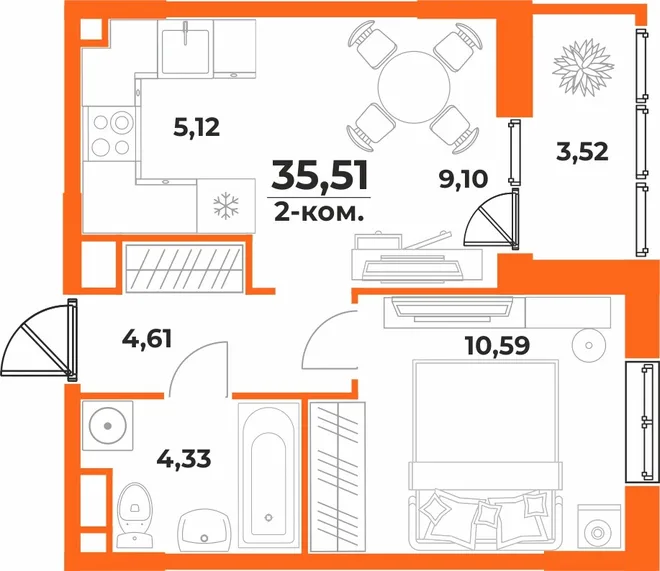 Планировка 2-комн. квартира, 35.51 м² ЖК «Живописный сад» Планировка 2-комн. квартира, 35.51 м² ЖК «Живописный сад»