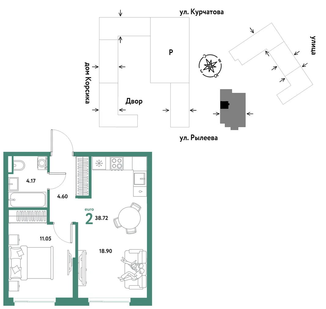 Планировка 2-комн. квартира, 38.72 м² ЖК «Остров-сад»