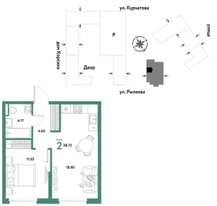 Планировка 2-комн. квартира, 38.72 м² ЖК «Остров-сад»