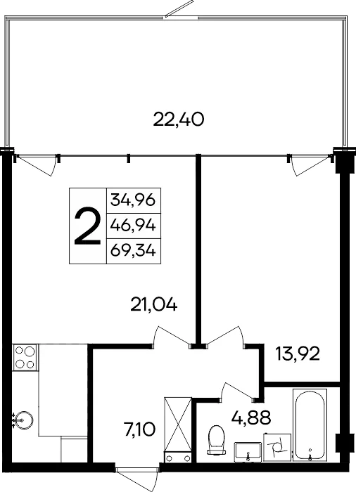 Планировка 2-комн. квартира, 69.34 м² Курортный кластер «САГА»