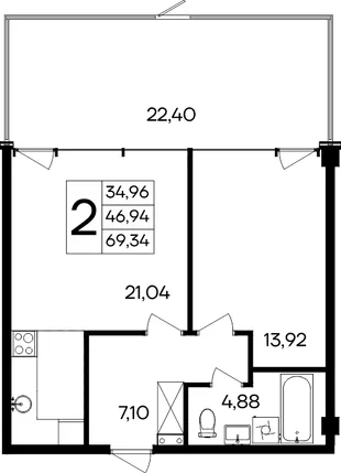 Планировка 2-комн. квартира, 69.34 м² Курортный кластер «САГА»