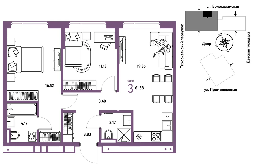 Планировка 3-комн. квартира, 61.58 м² ЖК «Страна Прибрежная»
