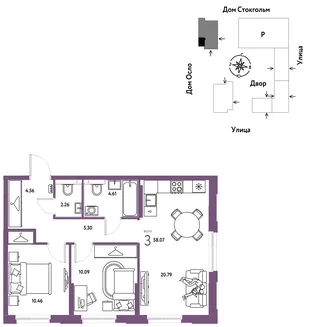 Планировка 3-комн. квартира, 58.07 м² ЖК «Европейский берег 2.0»