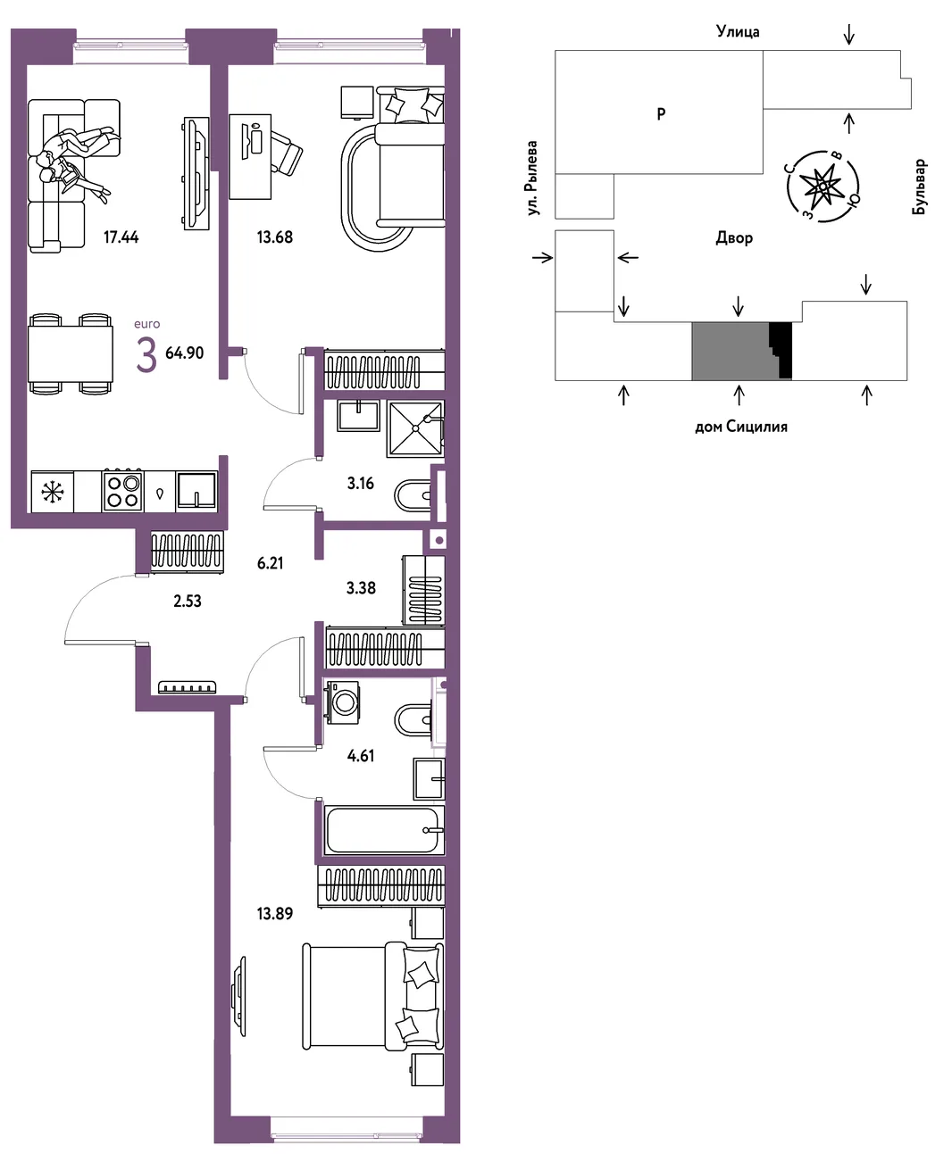 Планировка 3-комн. квартира, 64.9 м² ЖК «Остров-сад»