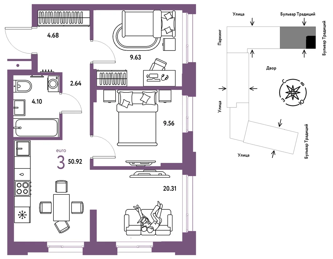 Планировка 3-комн. квартира, 50.92 м² ЖК «Микрорайон Домашний»
