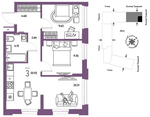Планировка 3-комн. квартира, 50.92 м² ЖК «Микрорайон Домашний»