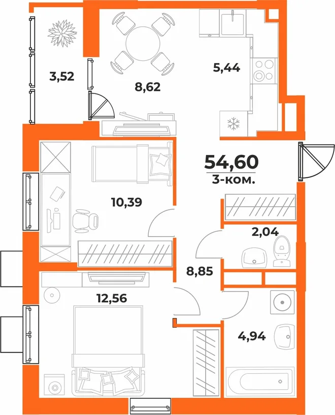 Планировка 3-комн. квартира, 54.6 м² ЖК «Живописный сад» Планировка 3-комн. квартира, 54.6 м² ЖК «Живописный сад»