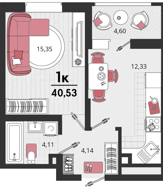 Планировка 1-комн. квартира, 40.53 м² ЖК «Родные просторы»