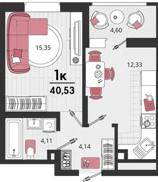 Планировка 1-комн. квартира, 40.53 м² ЖК «Родные просторы»