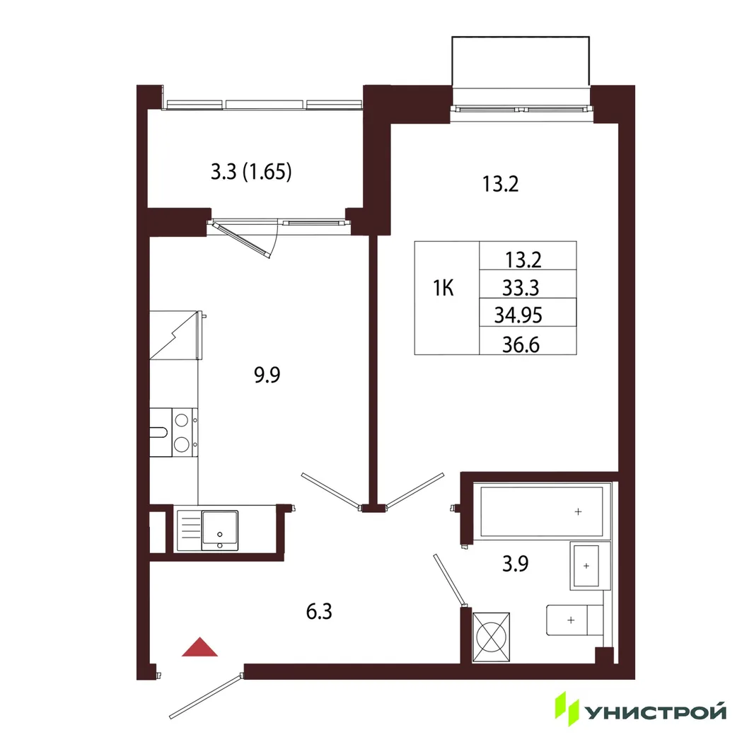 Планировка 1-комн. квартира, 34.95 м² ЖК «Лисино»
