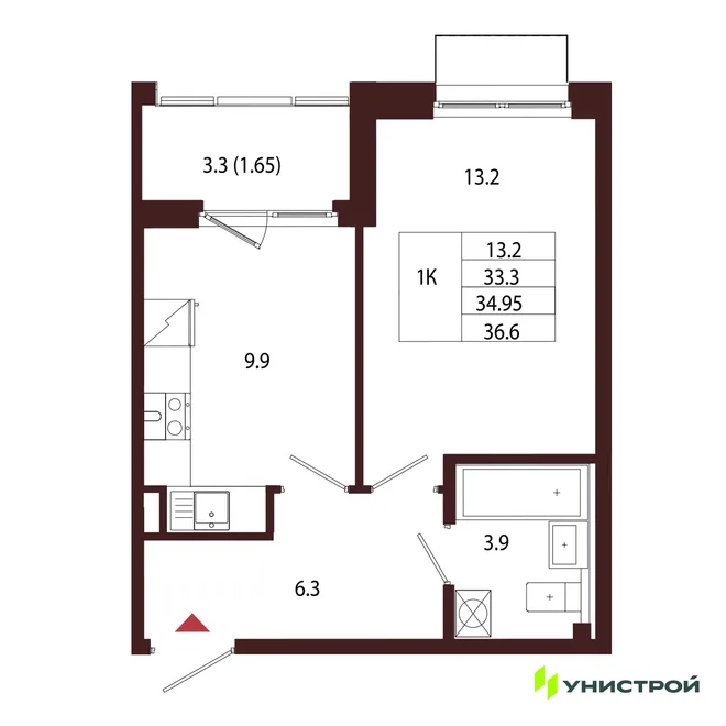Планировка 1-комн. квартира, 34.95 м² ЖК «Лисино»