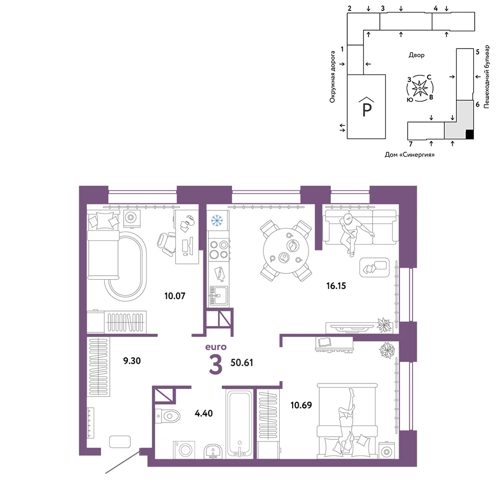 Планировка 3-комн. квартира, 50.61 м² ЖК «Юнион»