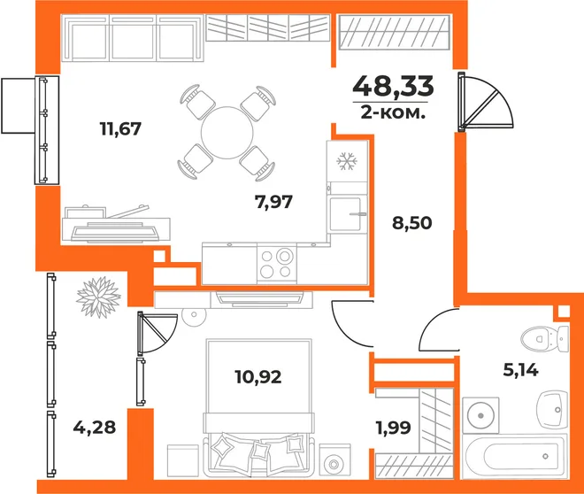 Планировка 2-комн. квартира, 48.33 м² ЖК «Живописный сад» Планировка 2-комн. квартира, 48.33 м² ЖК «Живописный сад»