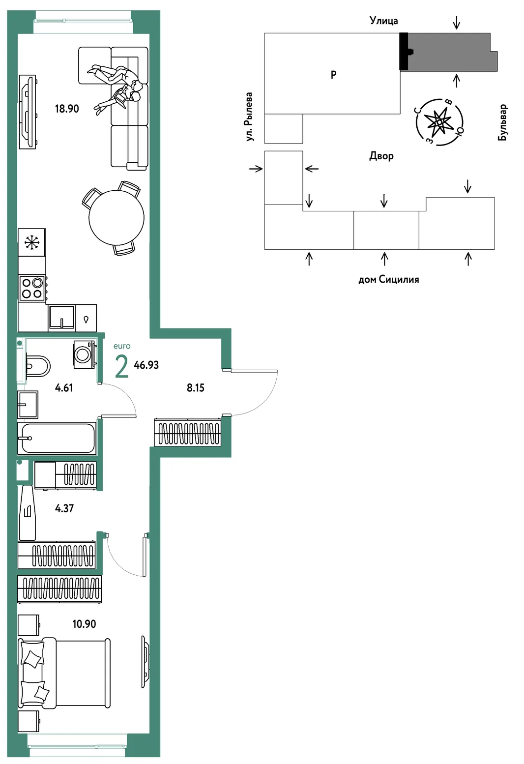 Планировка 2-комн. квартира, 46.93 м² ЖК «Остров-сад»