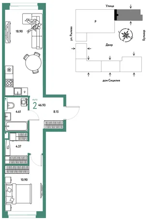 Планировка 2-комн. квартира, 46.93 м² ЖК «Остров-сад»