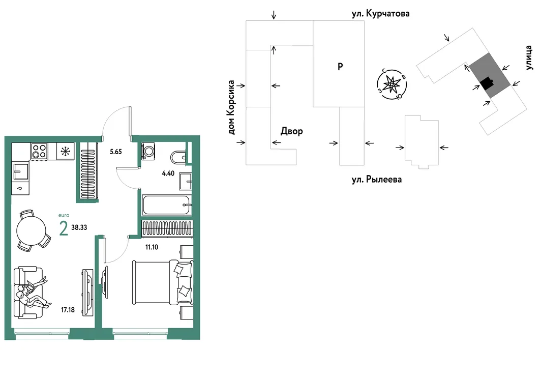 Планировка 2-комн. квартира, 38.68 м² ЖК «Остров-сад»
