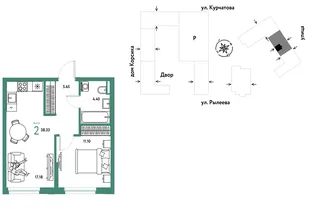Планировка 2-комн. квартира, 38.68 м² ЖК «Остров-сад»