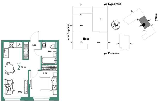 Планировка 2-комн. квартира, 38.68 м² ЖК «Остров-сад» Планировка 2-комн. квартира, 38.68 м² ЖК «Остров-сад»