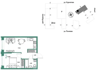 Планировка 2-комн. квартира, 37.07 м² ЖК «Остров-сад»