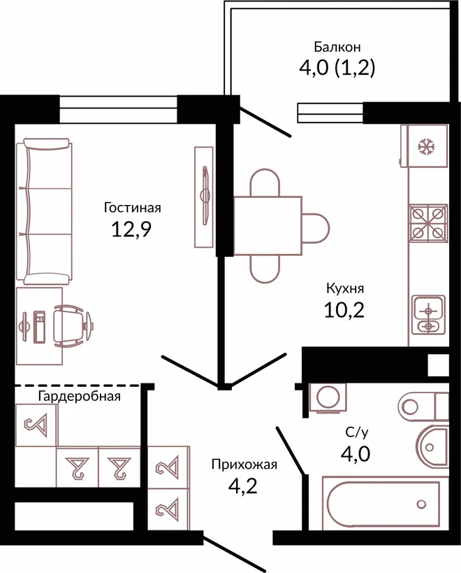 Планировка 1-комн. квартира, 33.5 м² ЖК «Отражение»