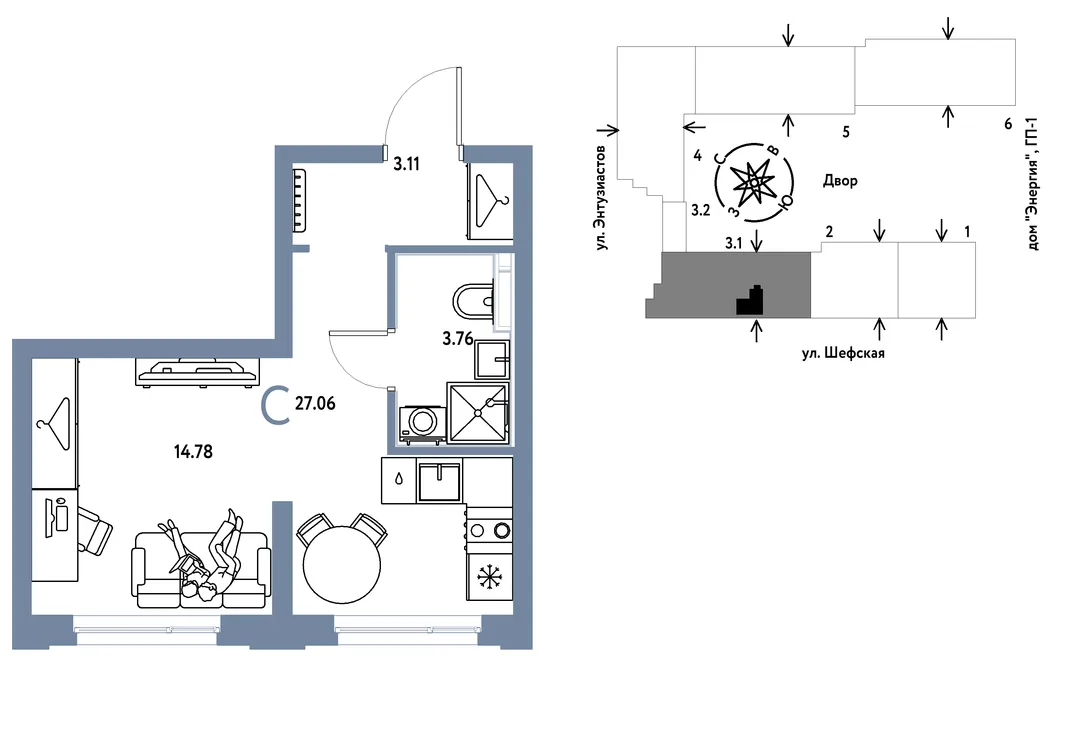 Планировка Студия, 27.06 м² ЖК «Страна.Энтузиастов»