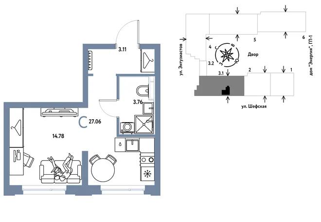 Планировка Студия, 27.06 м² ЖК «Страна.Энтузиастов» Планировка Студия, 27.06 м² ЖК «Страна.Энтузиастов»