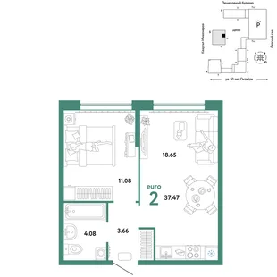 Планировка 2-комн. квартира, 37.47 м² ЖК «Сердце Сибири»
