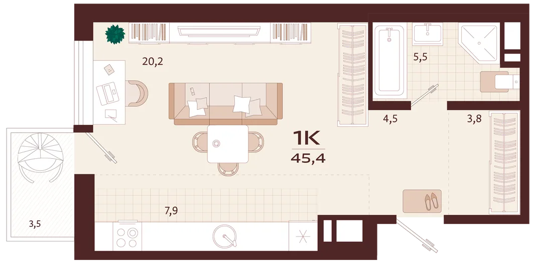 Планировка 1-комн. квартира, 45.4 м² ЖК «Роялта»