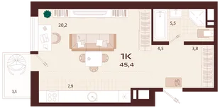 Планировка 1-комн. квартира, 45.4 м² ЖК «Роялта»