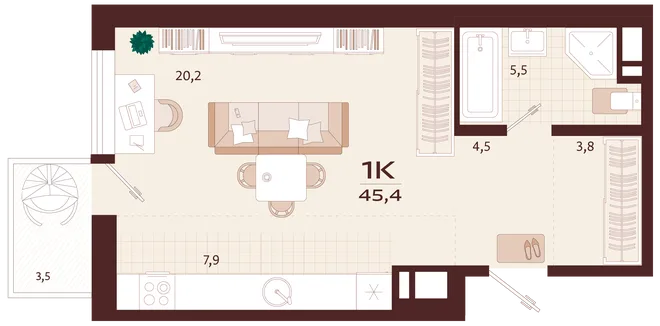 Планировка 1-комн. квартира, 45.4 м² ЖК «Роялта» Планировка 1-комн. квартира, 45.4 м² ЖК «Роялта»