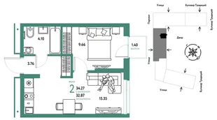 Планировка 2-комн. квартира, 34.27 м² ЖК «Микрорайон Домашний»
