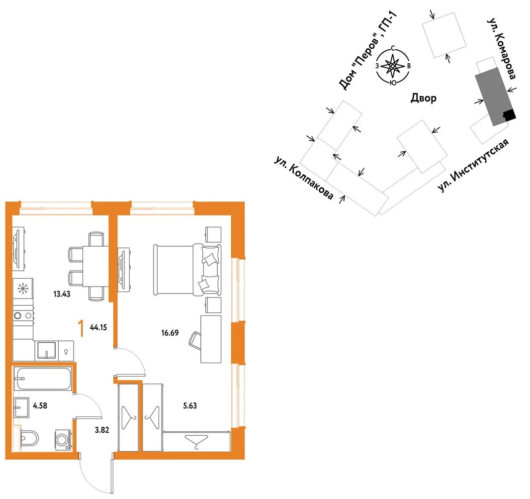 Планировка 1-комн. квартира, 44.15 м² ЖК «Страна.Парковая»