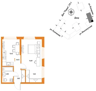 Планировка 1-комн. квартира, 44.15 м² ЖК «Страна.Парковая»