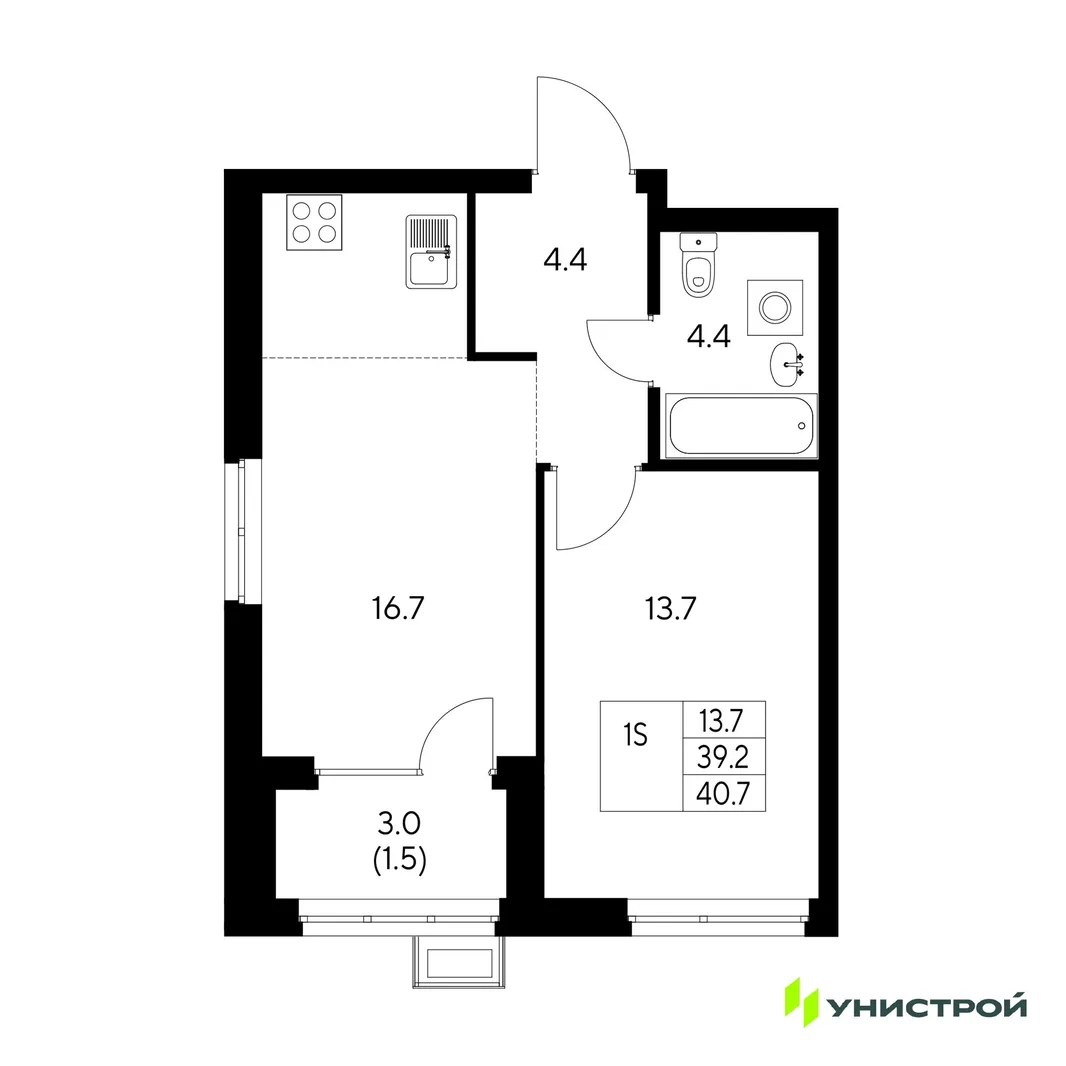 Планировка 1-комн. квартира, 40.7 м² ЖК «Стадиум»