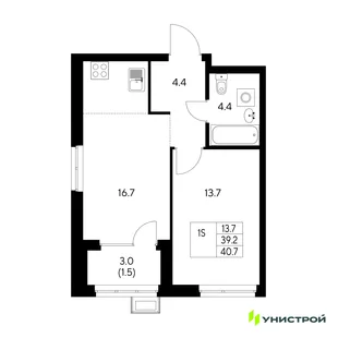 Планировка 1-комн. квартира, 40.7 м² ЖК «Стадиум»