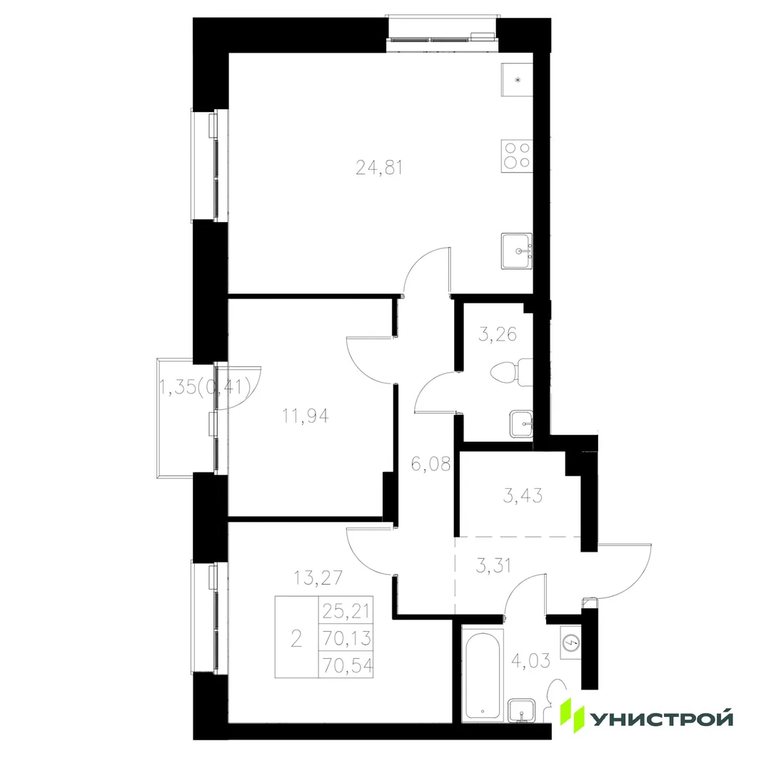 Планировка 2-комн. квартира, 70.54 м² ЖК «Statum»