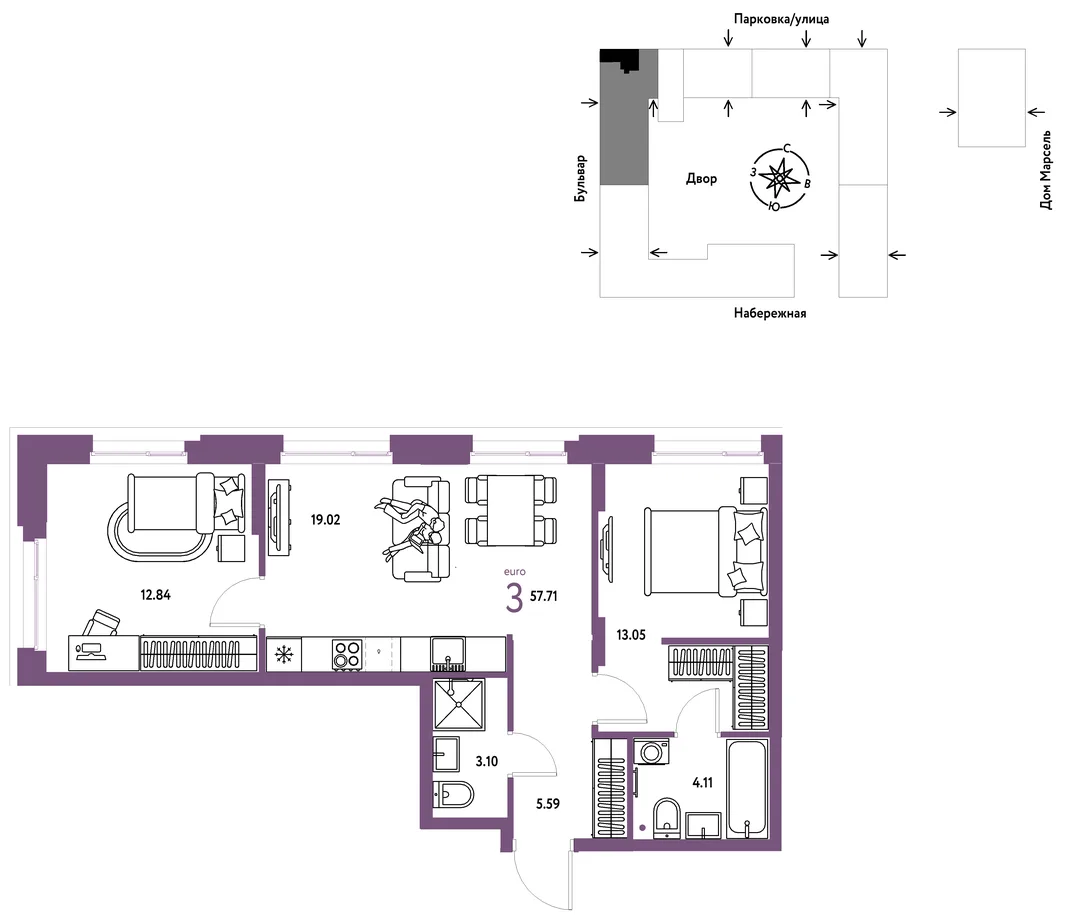Планировка 3-комн. квартира, 57.71 м² ЖК «Европейский берег 2.0»