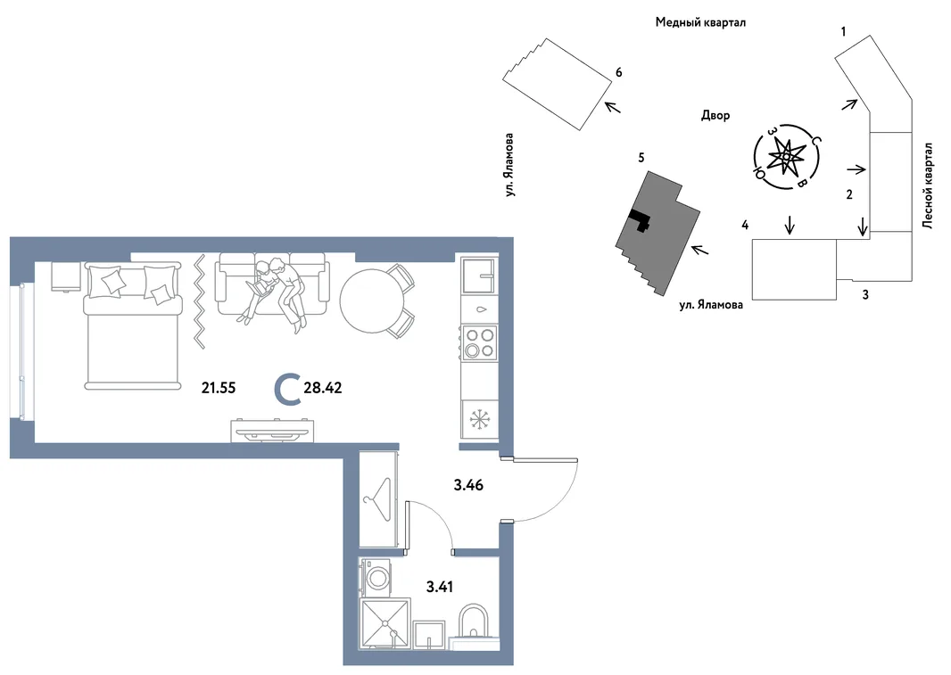 Планировка Студия, 28.42 м² ЖК «Сибирский сад»