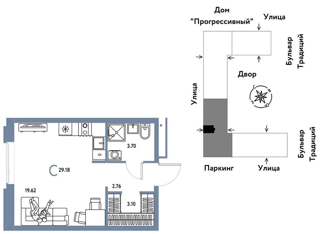 Планировка Студия, 29.18 м² ЖК «Микрорайон Домашний»