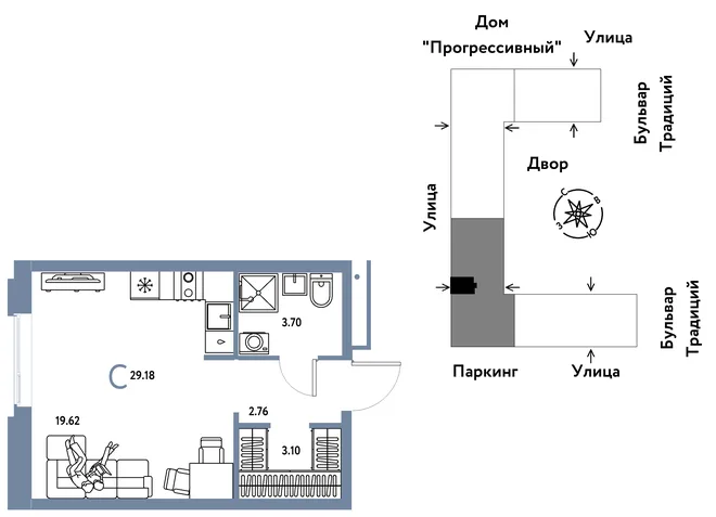 Планировка Студия, 29.18 м² ЖК «Микрорайон Домашний» Планировка Студия, 29.18 м² ЖК «Микрорайон Домашний»