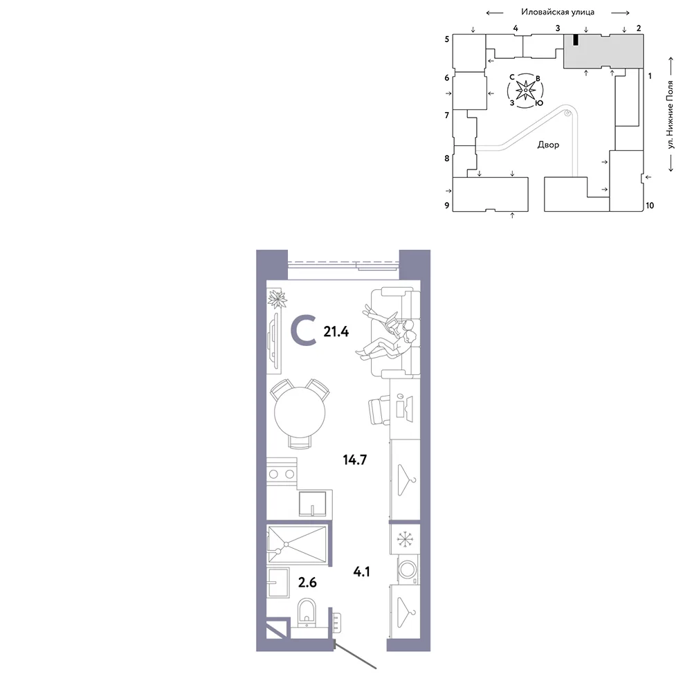Планировка Студия, 21.4 м² ЖК «Страна.Заречная»