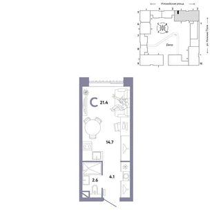 Планировка Студия, 21.4 м² ЖК «Страна.Заречная»