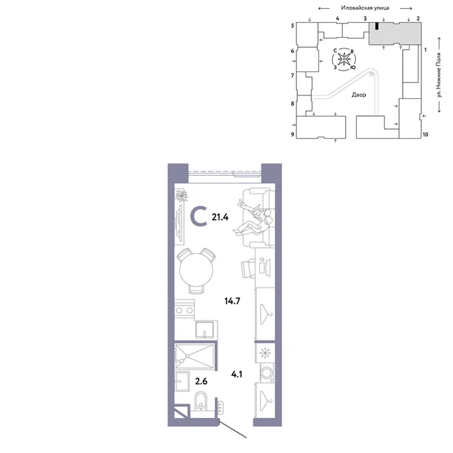 Планировка Студия, 21.4 м² ЖК «Страна.Заречная» Планировка Студия, 21.4 м² ЖК «Страна.Заречная»