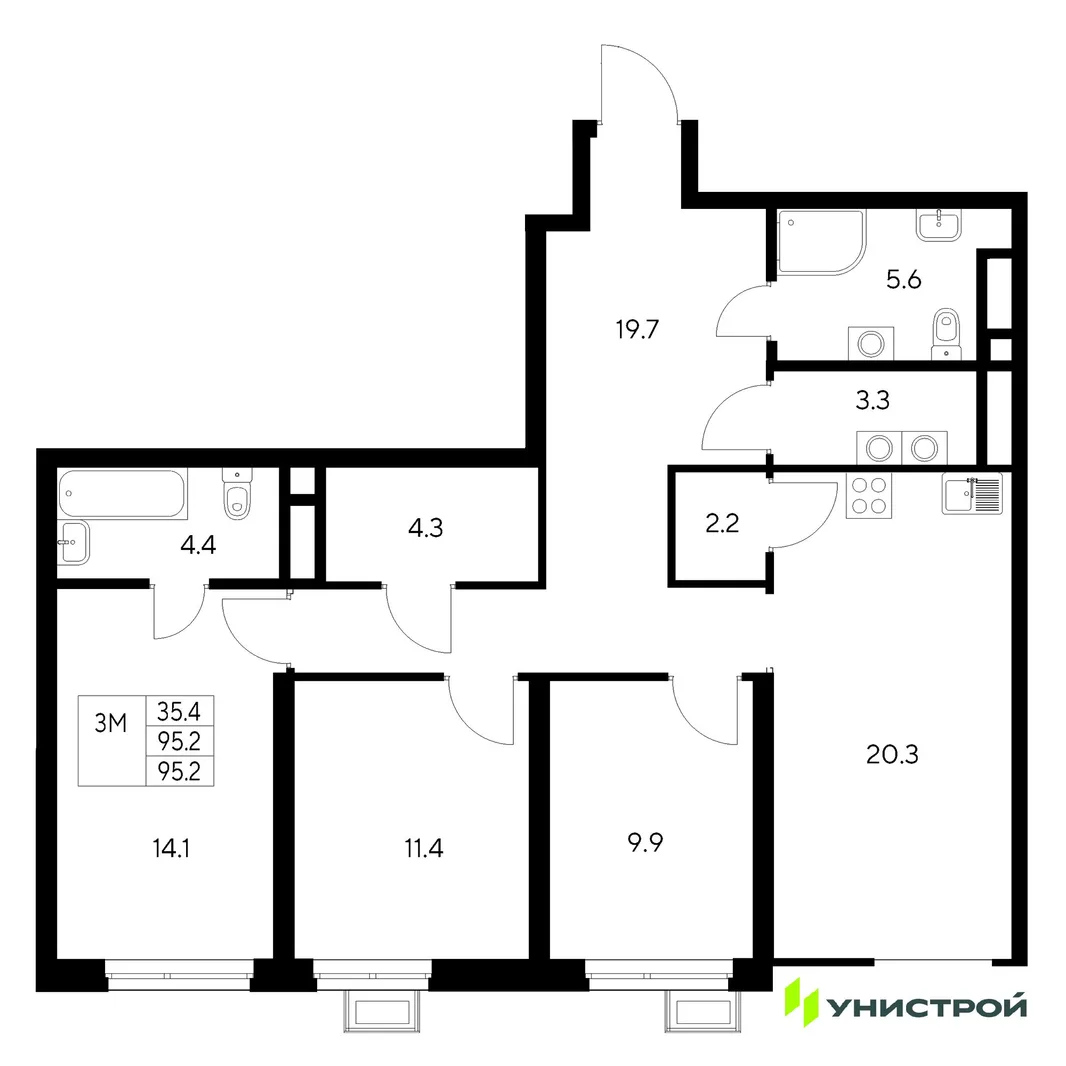 Планировка 3-комн. квартира, 95.2 м² ЖК «Стадиум»