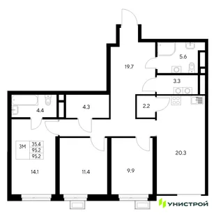 Планировка 3-комн. квартира, 95.2 м² ЖК «Стадиум»